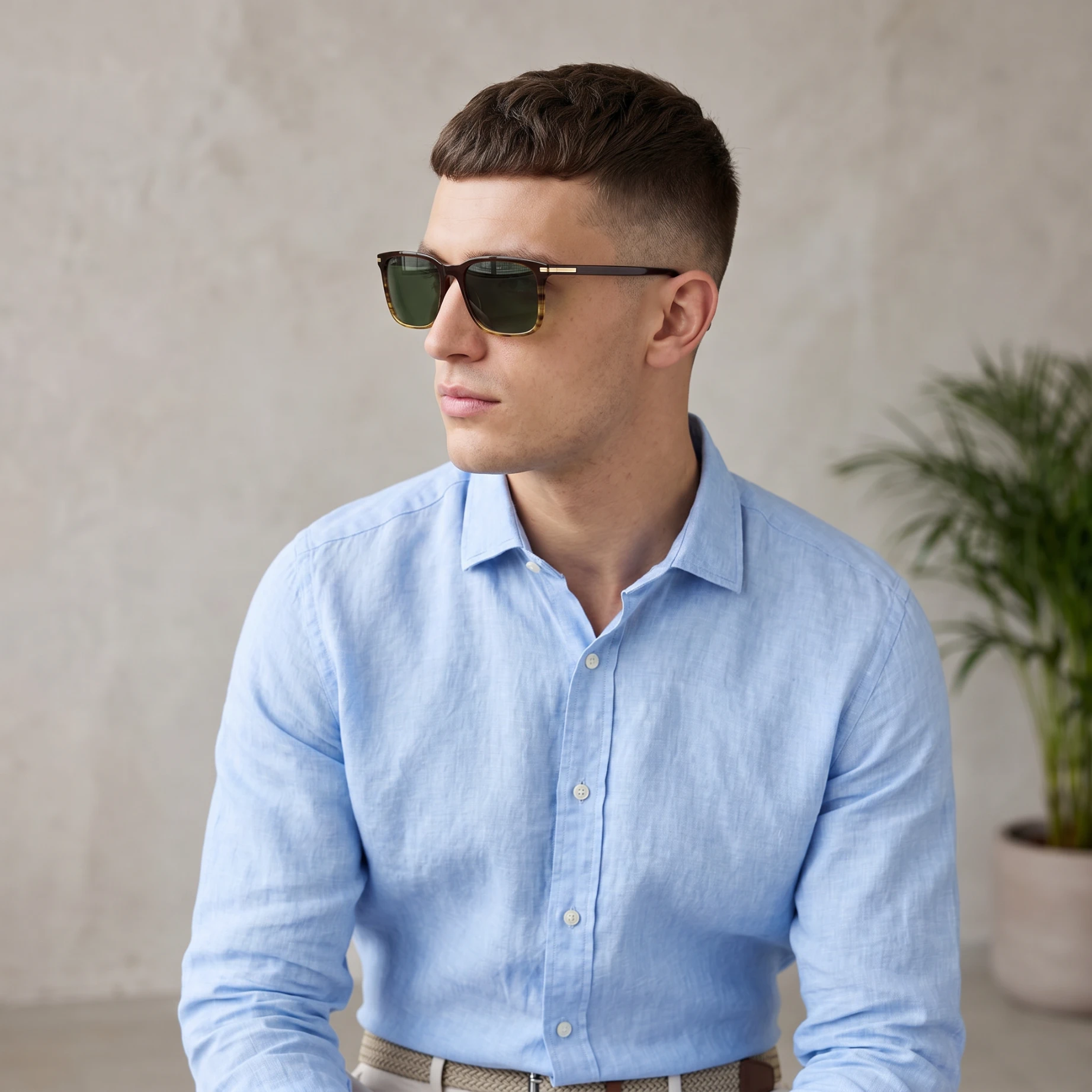 Side-profile of a man in a light blue button-down shirt wearing dark sunglasses indoors.