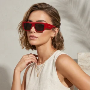 Woman wearing bold red Dolce & Gabbana sunglasses, posing outdoors in a beige sleeveless top.