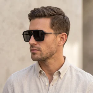 Profile view of a man wearing black sunglasses and a light button-down shirt against a neutral background.