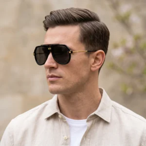 Close-up portrait of a man wearing black sunglasses and a beige button-down shirt outdoors