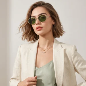 Model wearing olive-green round sunglasses with a beige blazer and sage-green top, posing against a neutral background.