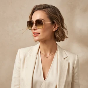 Side-profile of a woman wearing oversized gradient sunglasses and a cream blazer against a neutral backdrop