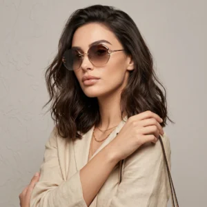 Woman wearing oversized brown sunglasses and a beige blazer, with wavy dark hair and a gold necklace, posing against a neutral backdrop.