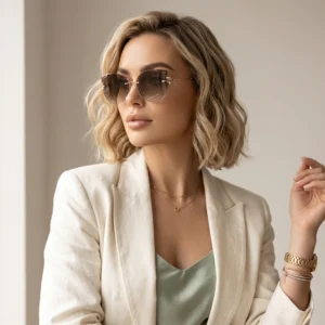 Portrait of a woman with wavy blonde hair wearing round sunglasses and a light beige blazer.