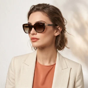 Woman wearing oversized tortoiseshell sunglasses, beige blazer, and peach top, profile view.