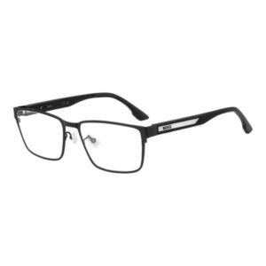 Black rectangular eyeglasses with clear lenses and a small BOSS logo on the temple bar, showing nose pads and full-ringer frame.