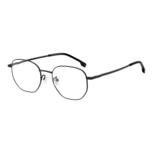Black metal-framed eyeglasses with nose pads and clear lenses, angled to show the temples.