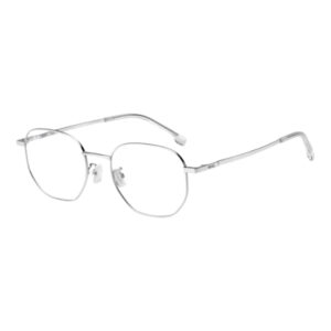 Metallic silver aviator-style eyeglasses with clear lenses and adjustable nose pads, brand logo on the temple (BOSS).”,”Silver metal frame glasses with roundish rectangular lenses, nose pads, and thin temples.”,”A pair of shiny silver eyeglasses with slender rims, adjustable nose pads, and 'BOSS' branding on the temple.”,”Thin silver-framed glasses with rounded lenses and lightweight temples, featuring nose pads and brand mark.