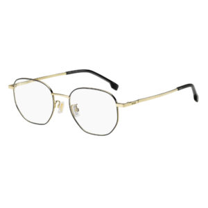 Gold-toned metal eyeglasses with thin rim, clear lenses, and black temple tips; brand name visible on the temple.