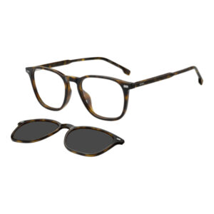 Tortoiseshell eyeglasses with a detachable clip-on sunglasses lens pair beside them