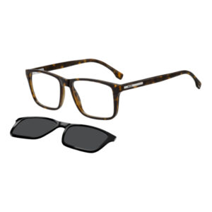 Tortoiseshell rectangular eyeglasses with a detachable black clip-on sunglasses lens beside them.