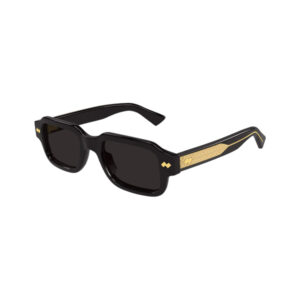 Black rectangular sunglasses with dark lenses and gold-patterned temples on the arms.
