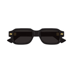 Black rectangular sunglasses with a thick frame and dark lenses, gold logo accents on the outer corners of the front.