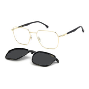 Two pairs of eyewear on a white background: gold metal-frame eyeglasses with clear lenses and black rectangular sunglasses with dark lenses.
