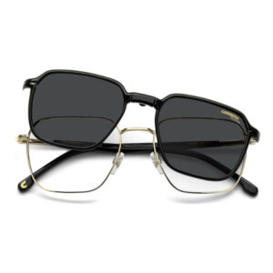 Black Carrera sunglasses layered over gold metal-frame sunglasses with dark lenses.