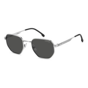Silver metal Carrera sunglasses with dark gray square lenses and black temple tips, angled view.