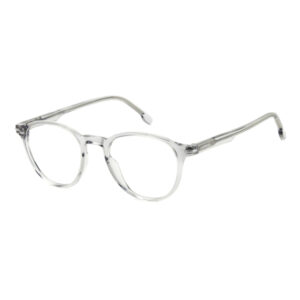Clear transparent eyeglasses with round lenses and slim frame on a white background