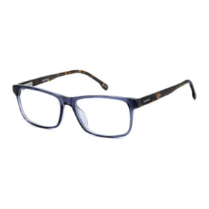 Blue rectangular eyeglasses with a dark blue frame and tortoiseshell temples.