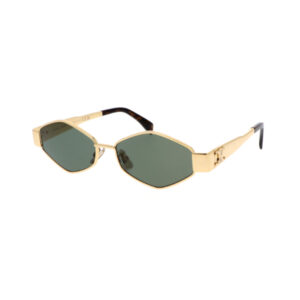 Gold-tone metal sunglasses with green hexagonal lenses on a white background.