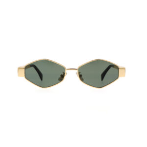 Gold-tone sunglasses with dark green oval lenses and a slim bridge; minimalist fashion accessory.