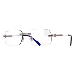 Rimless metal eyeglasses with clear lenses, thin silver temples, and blue temple tips/nose pads set against a white background.