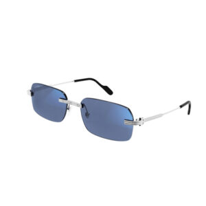 Metal-framed sunglasses with rectangular blue mirrored lenses and slim double-rail temples