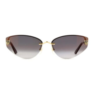 Gold-framed sunglasses with brown-to-gray gradient lenses and nose pads, front view across the frame.