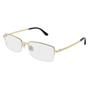 Gold metal-frame rectangular sunglasses with light gray lenses and black temple tips, angled view.