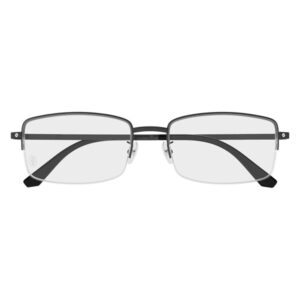 Rectangular rimless glasses with a black top bar, clear lenses, and black temples on a white background.