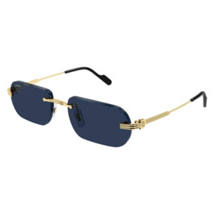 Gold-toned metal aviator sunglasses with dark blue lenses on a white background