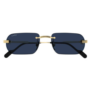 Cartier rimless rectangular sunglasses with navy lenses and a gold bridge, black temples visible on both sides.