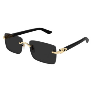 Rectangular black sunglasses with dark lenses and gold-tone metal accents on the bridge and hinges, black arms