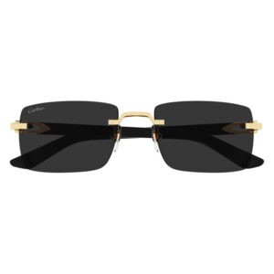 Front view of Cartier square sunglasses with black lenses and a gold bridge.