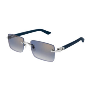 Rimless rectangular sunglasses with gradient blue lenses and dark blue temples.
