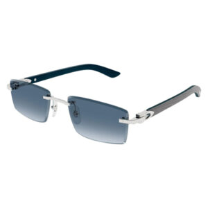 Rimless shield sunglasses with blue-gradient lenses and metallic bridge, blue temples at the ends.