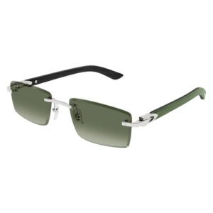 Sunglasses with rectangular green gradient lenses, silver metal bridge, and green/black temples.