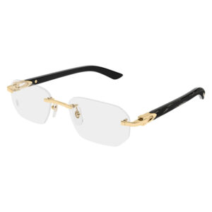 Gold-accented rimless sunglasses with black temples and clear lenses, stylish eyewear accessory with semi-rimless frame.