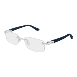 Rimless rectangular eyeglasses with clear lenses and dark blue temple arms on a white background.