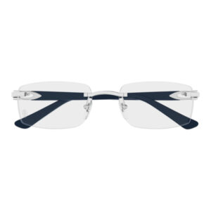 Rimless rectangular eyeglasses with clear lenses and navy blue temple arms.