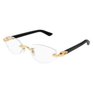 Rimless eyeglasses with gold hinges and black temples on a white background, stylish and lightweight.