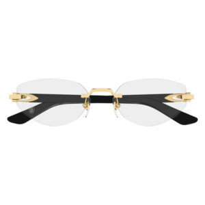 Pair of sunglasses with gold-toned bridge and rims, black temples, and clear lenses seen from the front.