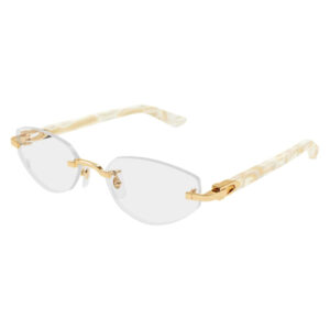 Gold-framed rimless sunglasses with oval lenses and cream patterned temples.