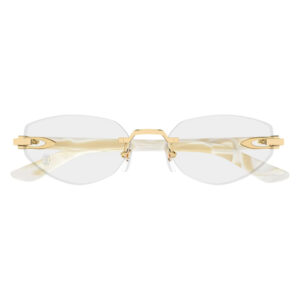 Gold-framed, rimless oval glasses with cream-marble temples and clip-on lenses