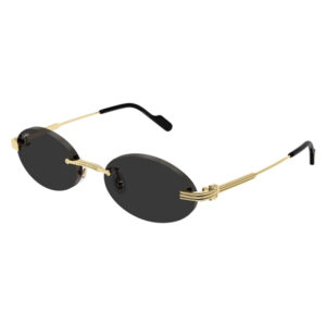 Gold-tone metal sunglasses with round dark lenses and black temple tips, stylish and vintage-inspired.