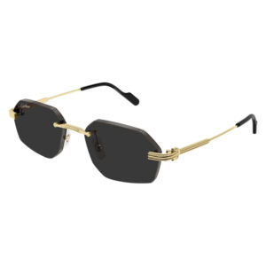 Cartier sunglasses with dark lenses and an ornate gold frame and temples
