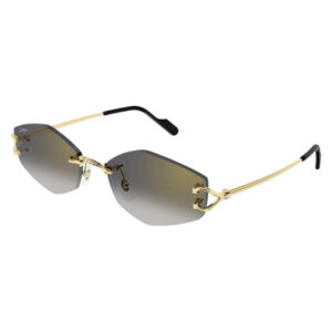 Gold metal sunglasses with gradient brown-to-gray lenses and a decorative bridge, semi-rimless style against a white background.