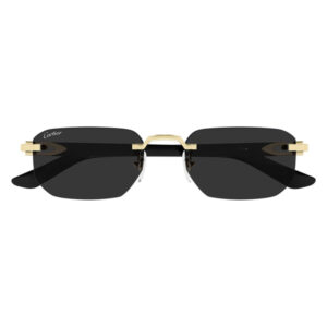 Rimless black sunglasses with a gold bridge and Cartier branding on the left lens edge