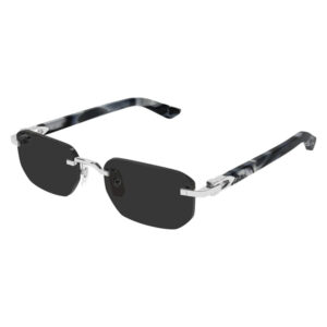 Dark rectangular sunglasses with a metal bridge and silver hardware, marbled black-and-white arms.