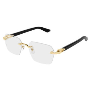 Rimless eyeglasses with gold hardware and black temples.