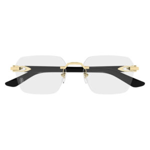 Rimless square sunglasses with gold bridge and black temples, front view.